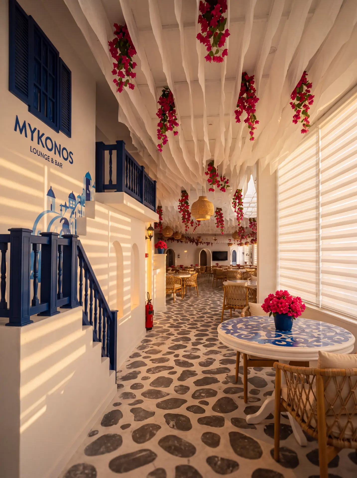 A whitewashed alley corridor framed with bougainvillea
